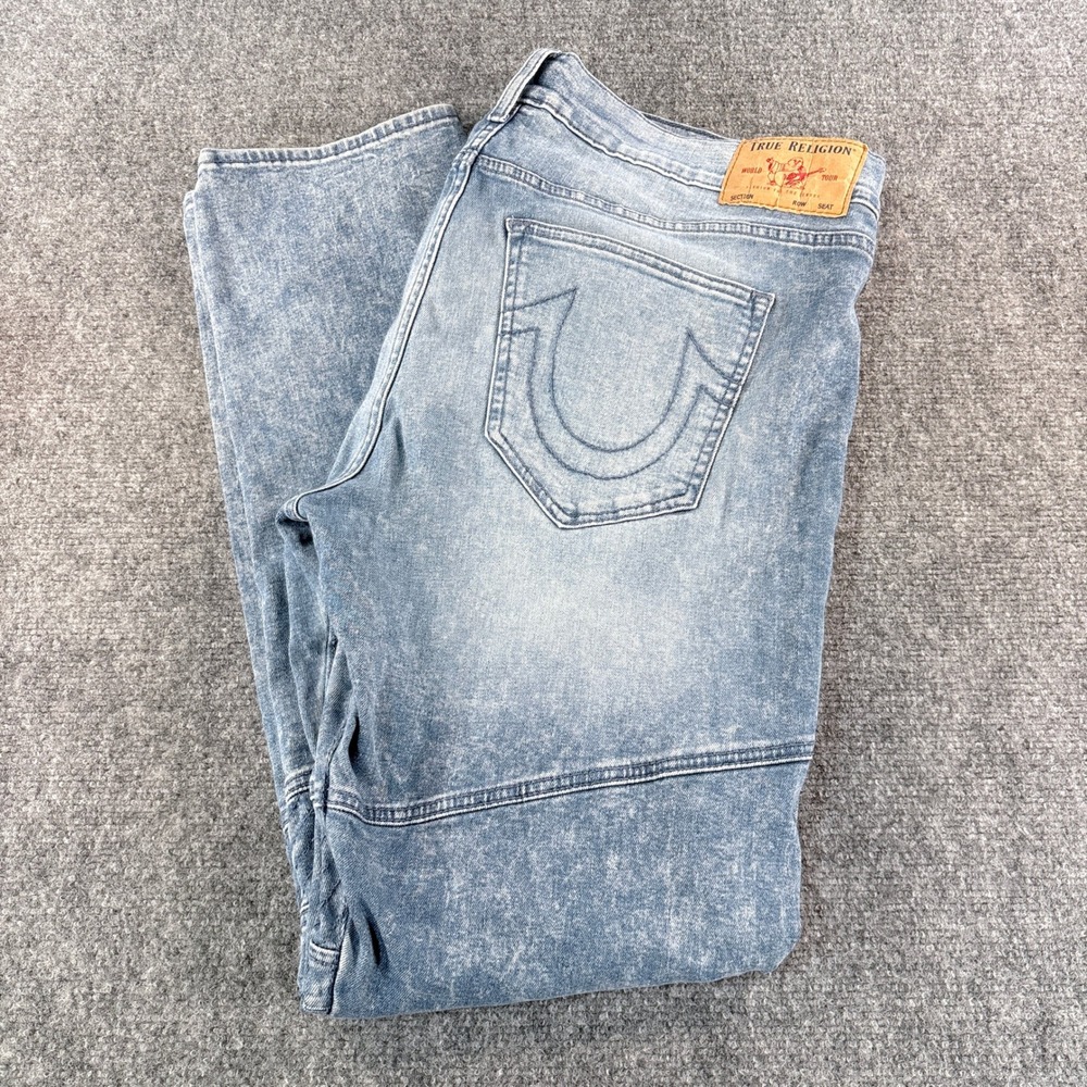 True Religion Geno Relaxed Slim Moto Jeans Mens 42 Light Wash Blue‎ Ribbed Knee